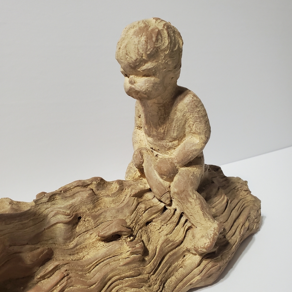 Vintage Haeger Pottery M. Strubel Resin Sculpture 2 Children On A Fallen Tree - Picture 4 of 16